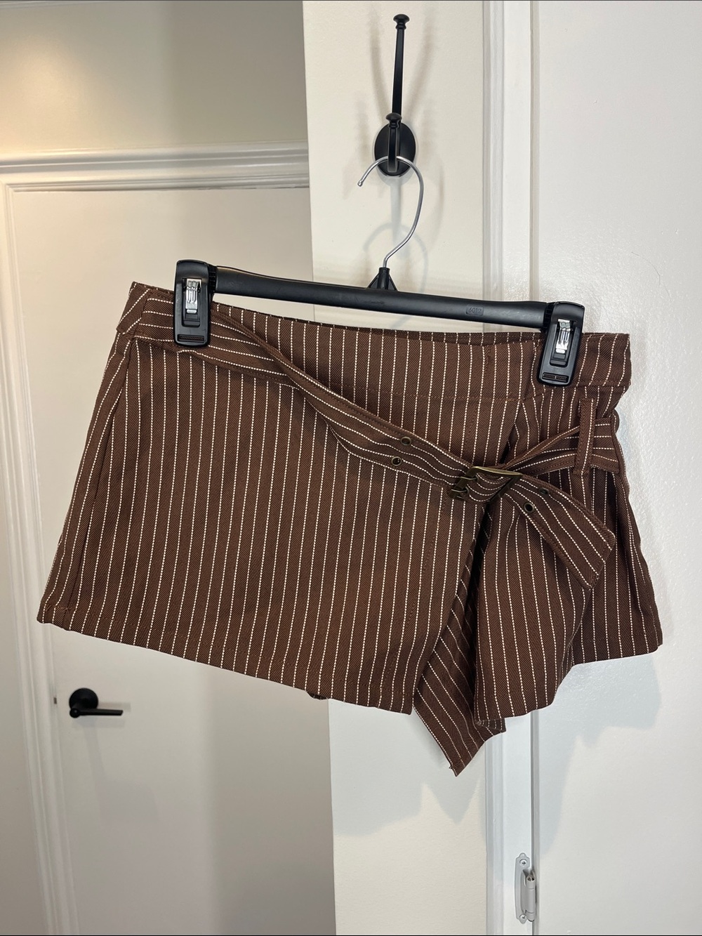 Free People Brown Pinstripe Wrap Tie-Waist Skort Shorts